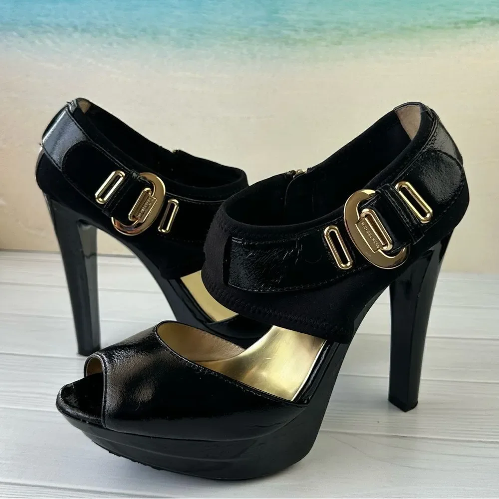 Michael Kors Morgen Black Patent High Heel Peep Toe Platform Sz 10